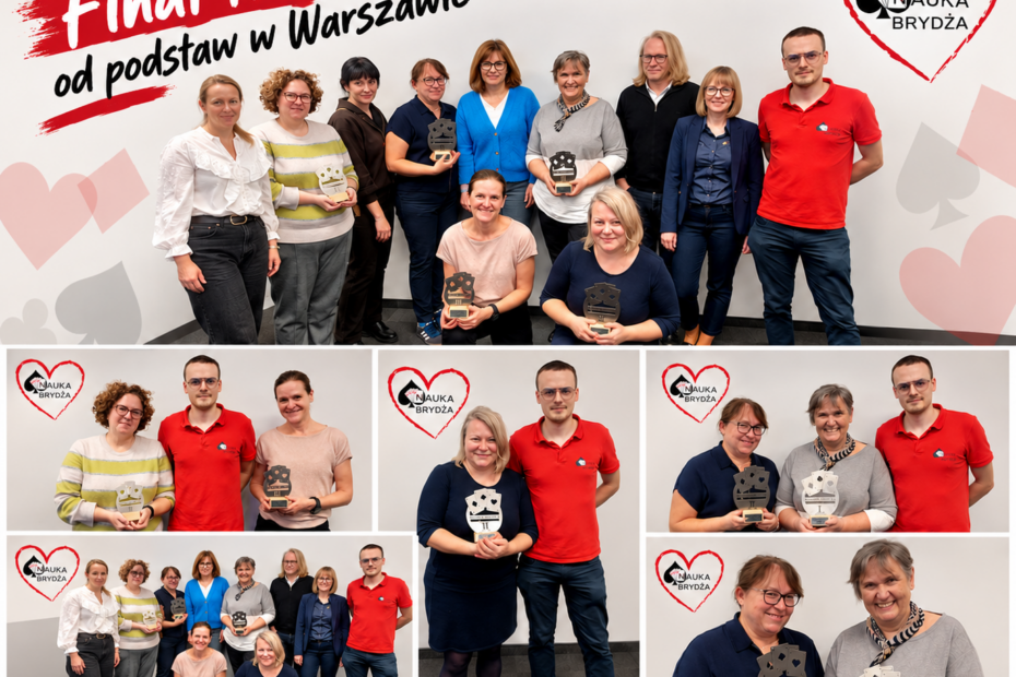 Uczestnicy finału kursu brydża od podstaw w Warszawie z pucharami